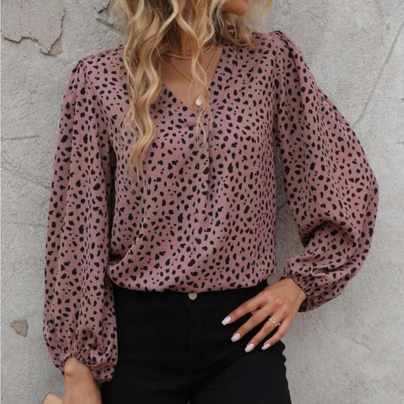 Boho dusty pink Dalmatian print lantern sleeve blouse - Picture 1 of 6